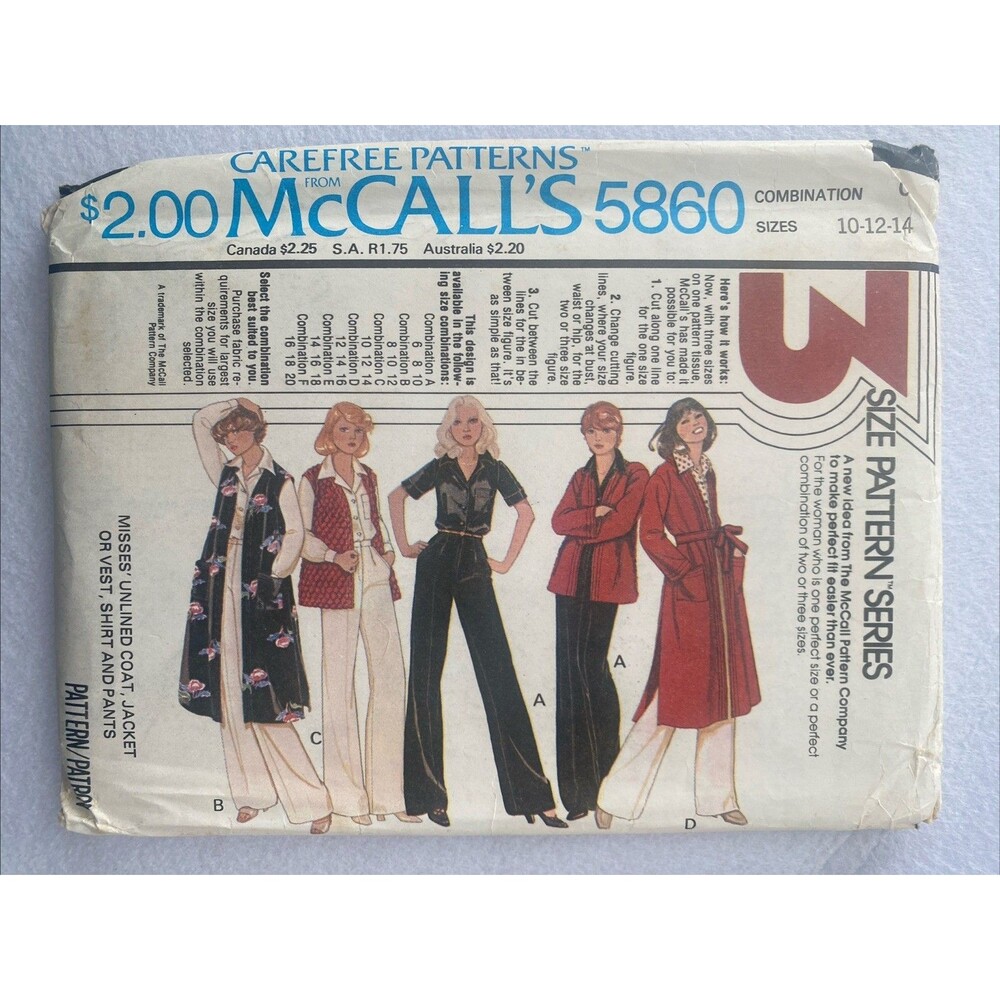 #5860 McCalls Pattern Misses Coat Jacket Vest Shirt Pants Size 10-14 FF 70s VTG